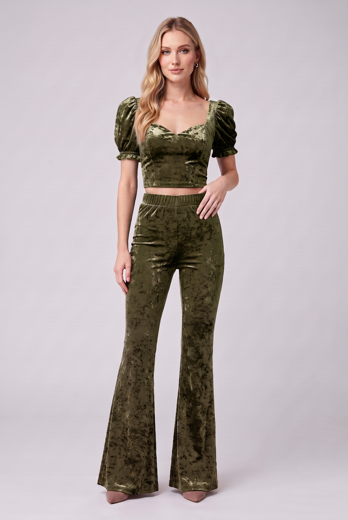 Korean Velvet Crop Top & Bell Bottom Pant Set