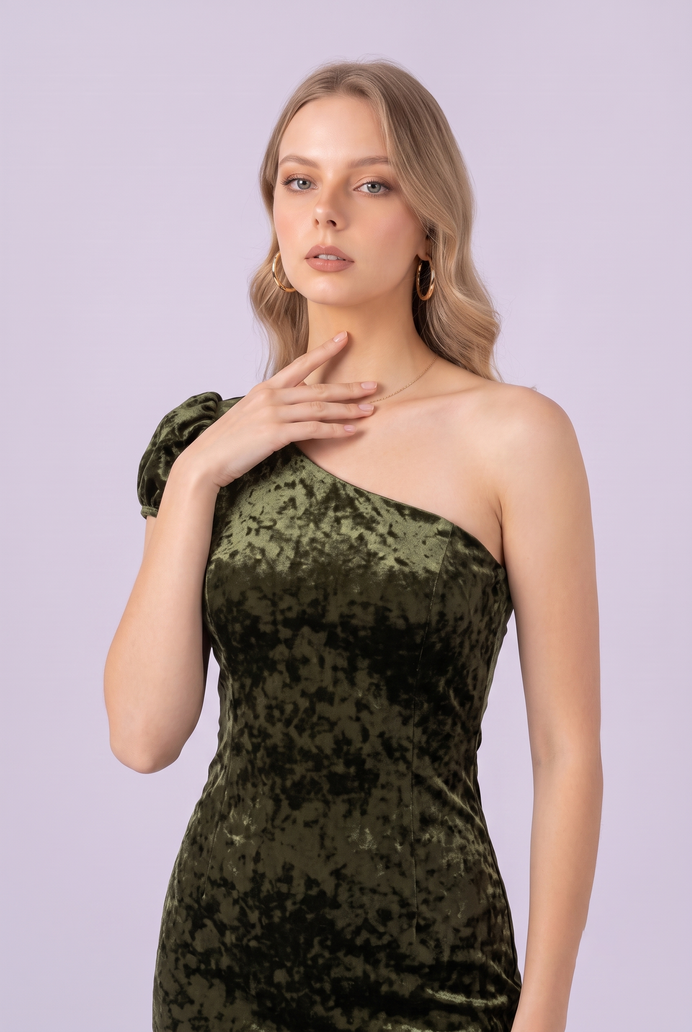 Korean Velvet One-Shoulder Mini Dress