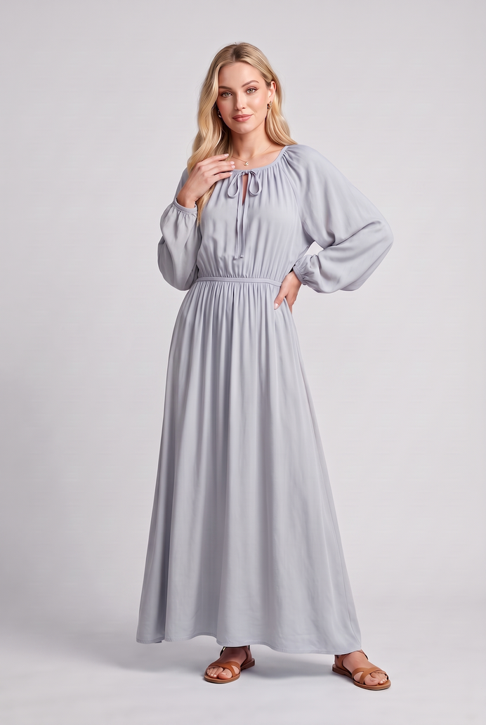 Fit & Flare Rayon Balloon Sleeve Maxi Dress