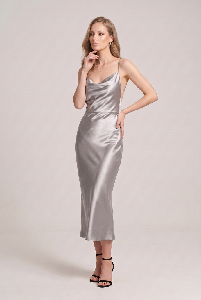 Bodycon Satin Cowl Neck Backless Midi Dress