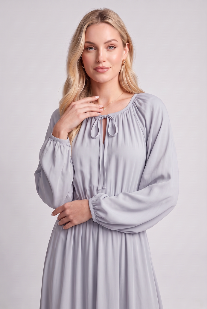 Fit & Flare Rayon Balloon Sleeve Maxi Dress