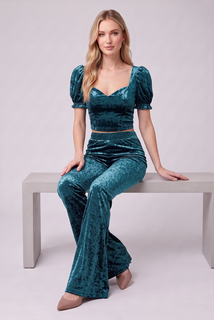 Korean Velvet Crop Top & Bell Bottom Pant Set