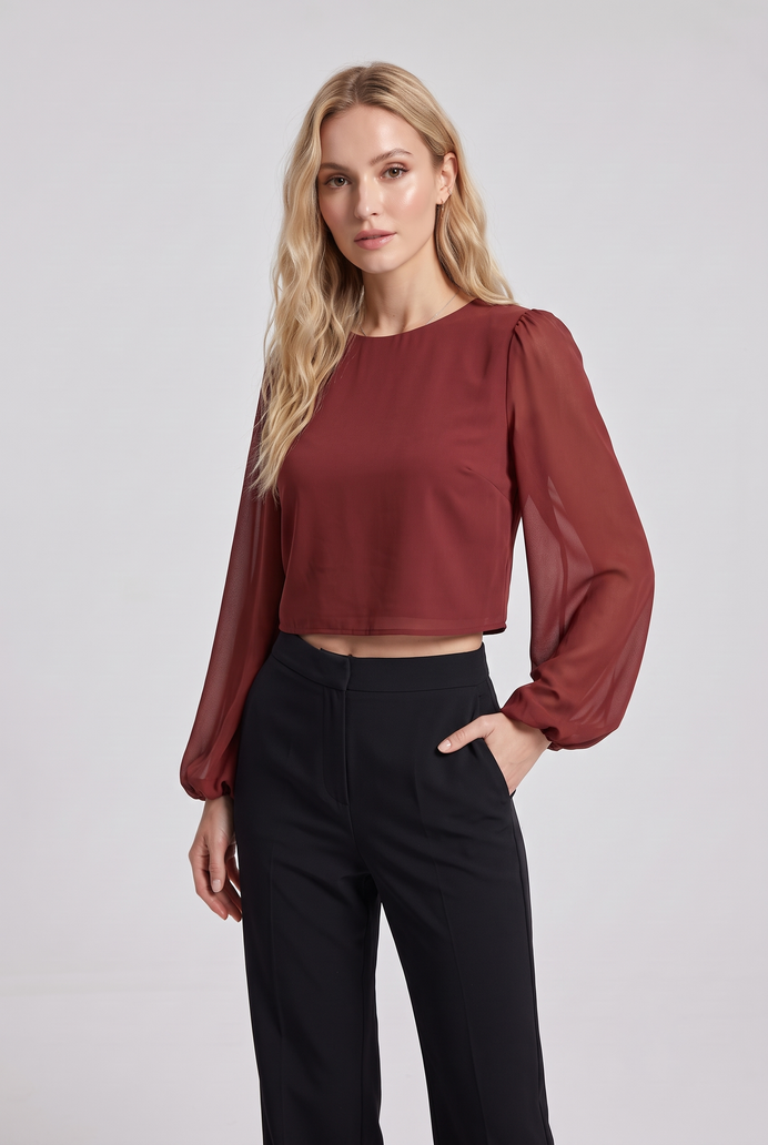 Chiffon Balloon Sleeve Crop Top
