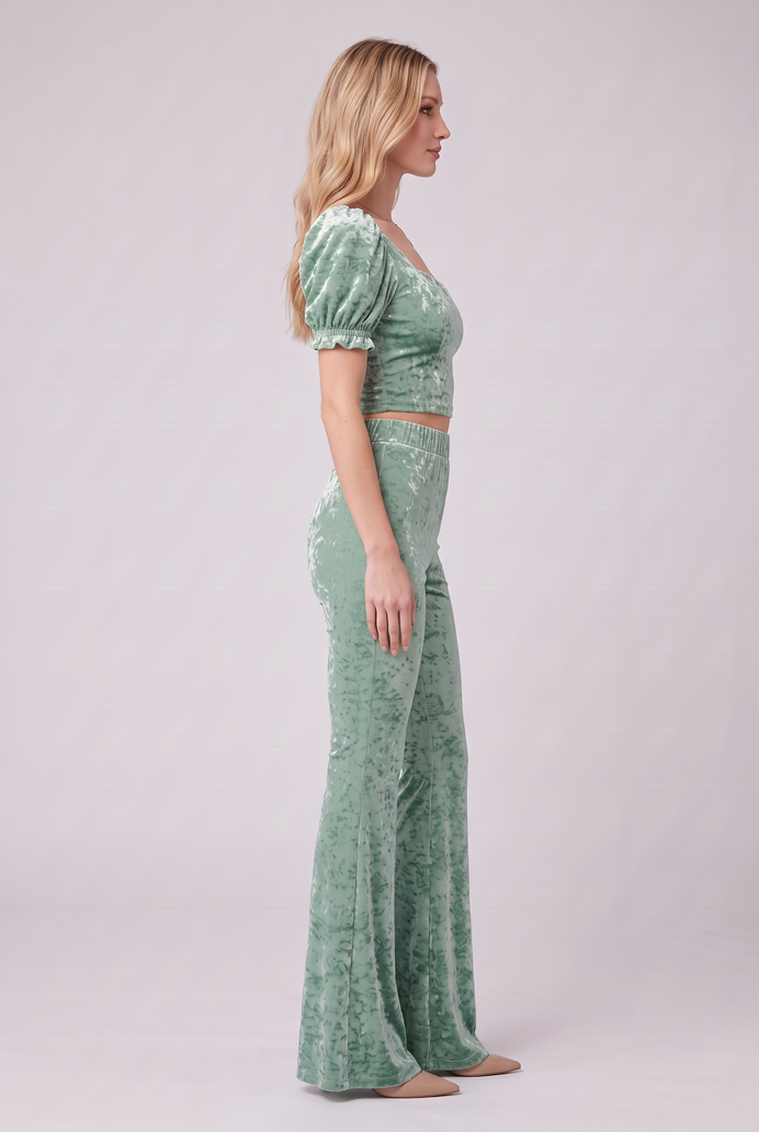 Korean Velvet Crop Top & Bell Bottom Pant Set