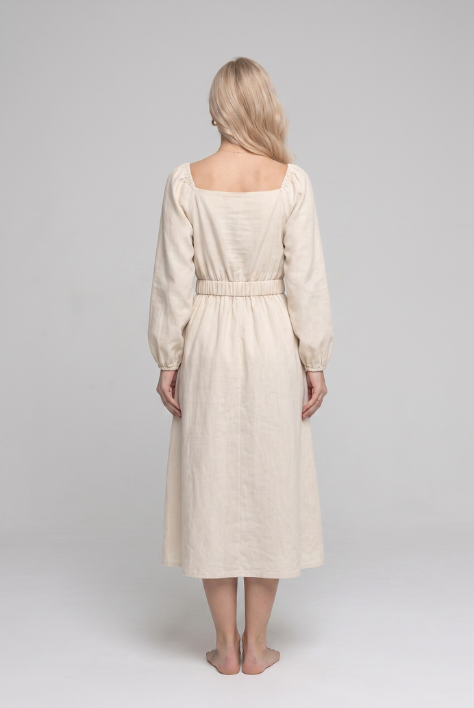 Balloon Sleeve Cotton Flared Midi Dress
