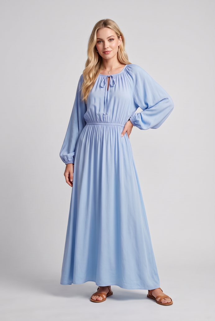 Fit & Flare Rayon Balloon Sleeve Maxi Dress