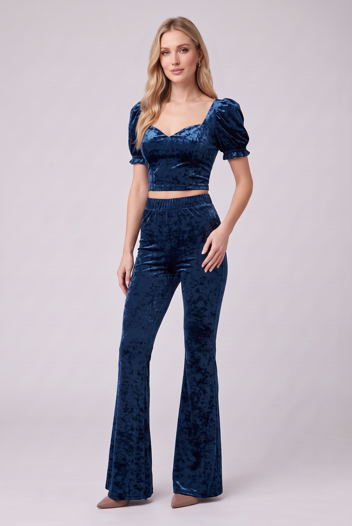 Korean Velvet Crop Top & Bell Bottom Pant Set