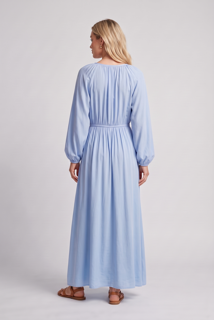 Fit & Flare Rayon Balloon Sleeve Maxi Dress