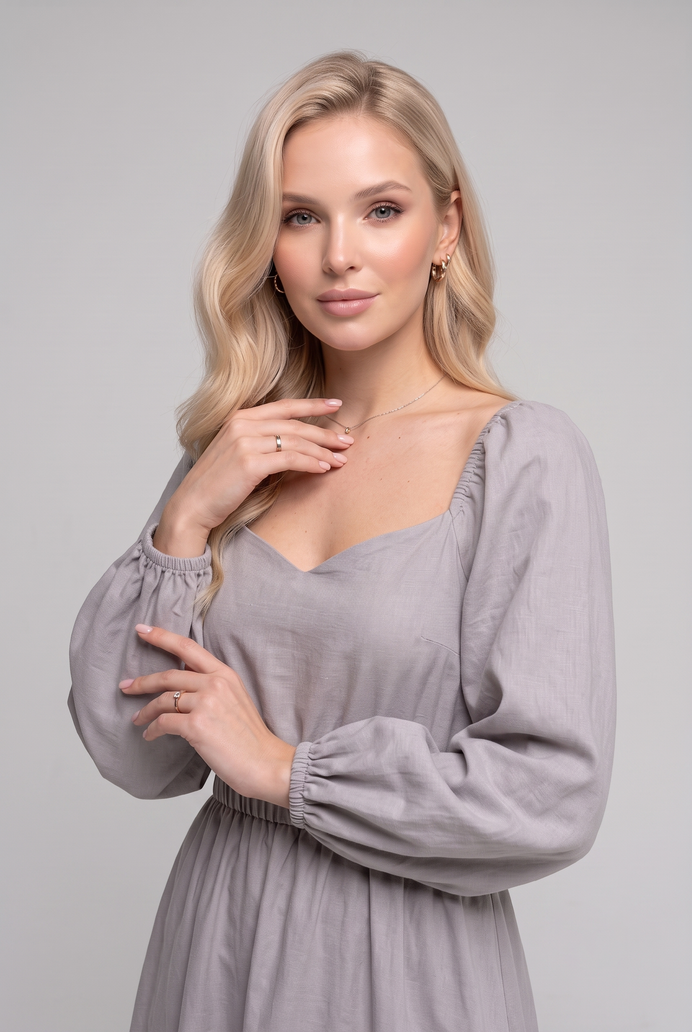 Balloon Sleeve Cotton Flared Midi Dress