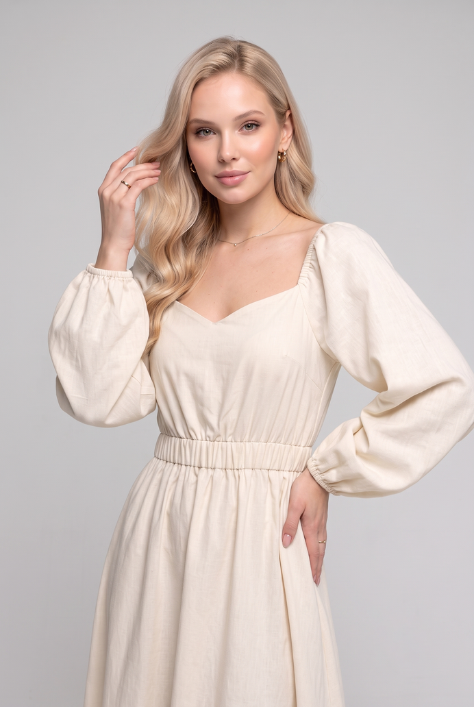 Balloon Sleeve Cotton Flared Midi Dress