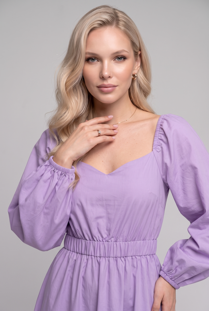 Balloon Sleeve Cotton Flared Midi Dress
