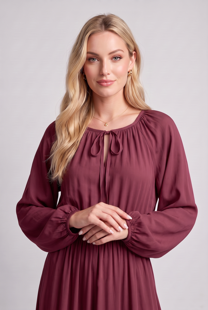 Fit & Flare Rayon Balloon Sleeve Maxi Dress
