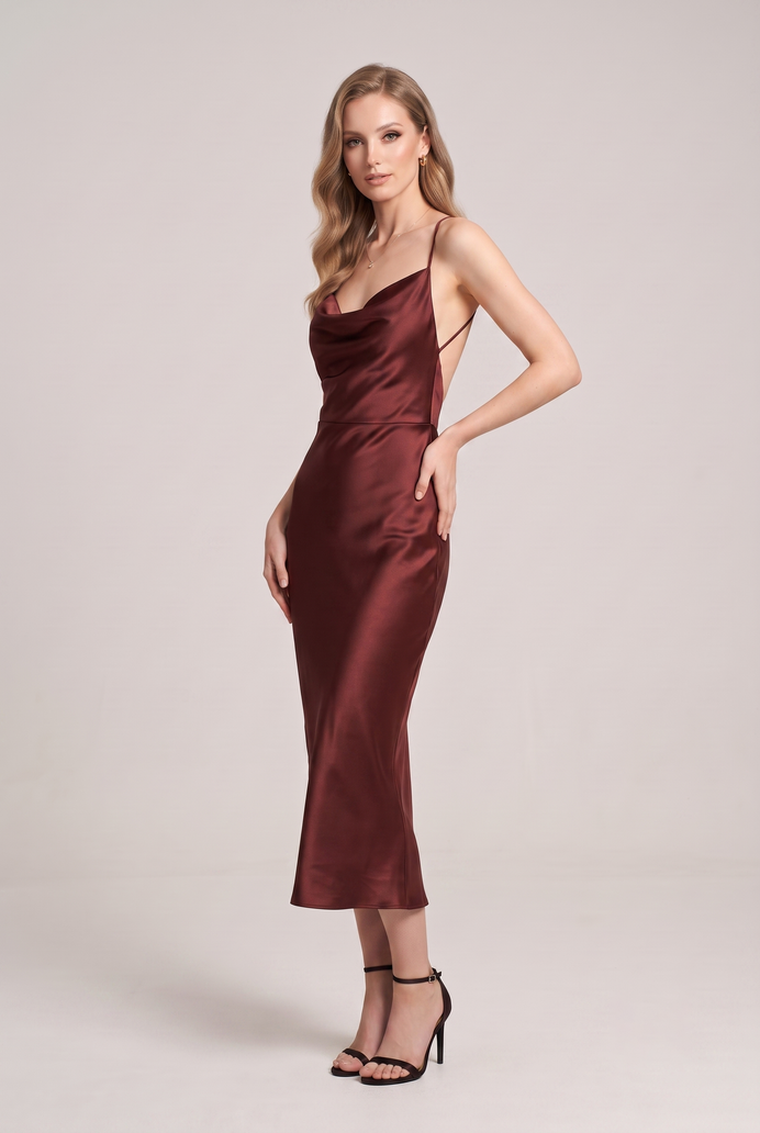 Bodycon Satin Cowl Neck Backless Midi Dress