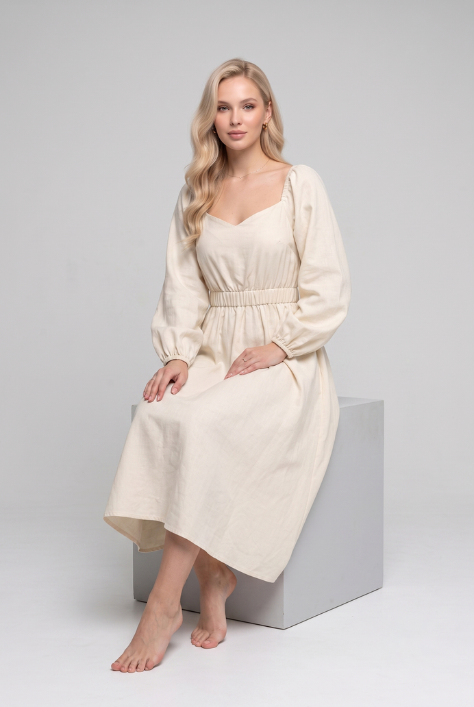 Balloon Sleeve Cotton Flared Midi Dress