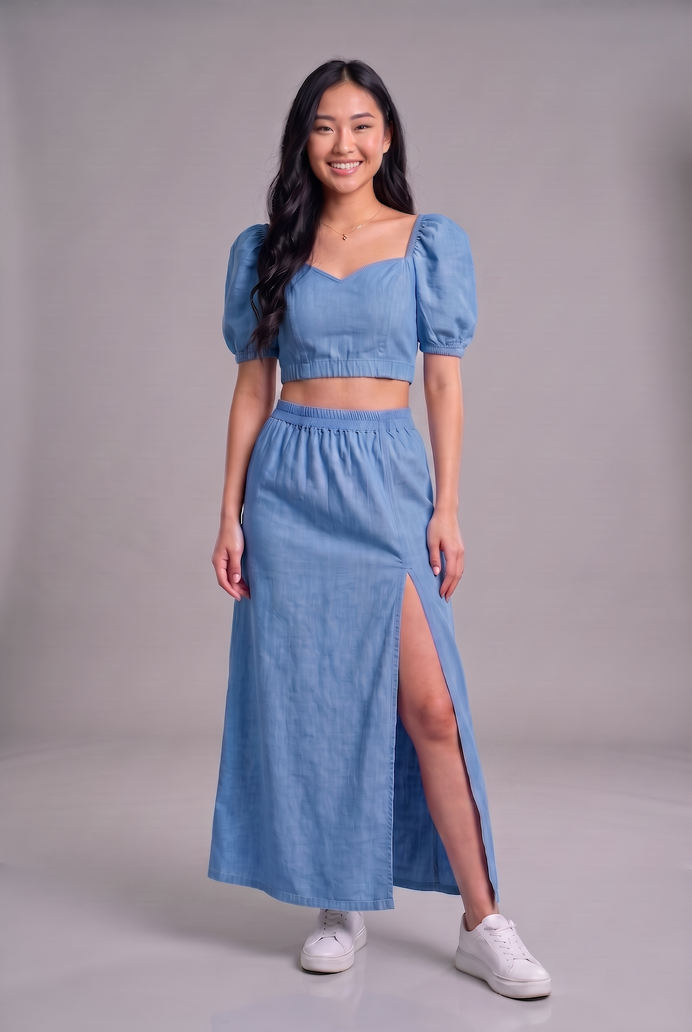 Puff Sleeve Denim Co-ord Skirt & Top Set