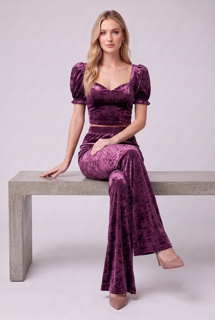 Korean Velvet Crop Top & Bell Bottom Pant Set