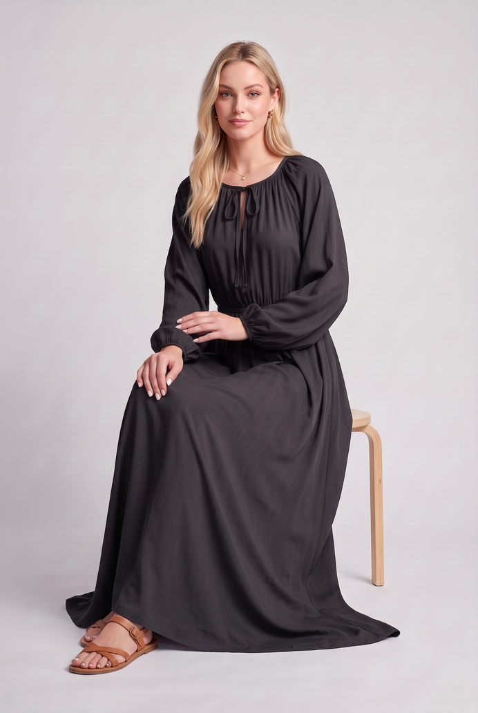 Fit & Flare Rayon Balloon Sleeve Maxi Dress
