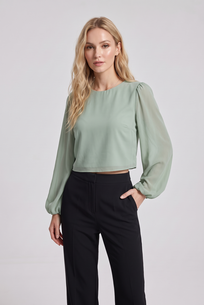 Chiffon Balloon Sleeve Crop Top