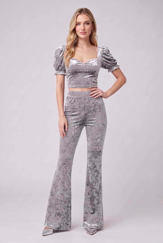 Korean Velvet Crop Top & Bell Bottom Pant Set