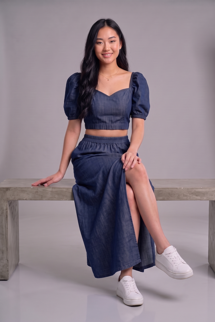 Puff Sleeve Denim Co-ord Skirt & Top Set
