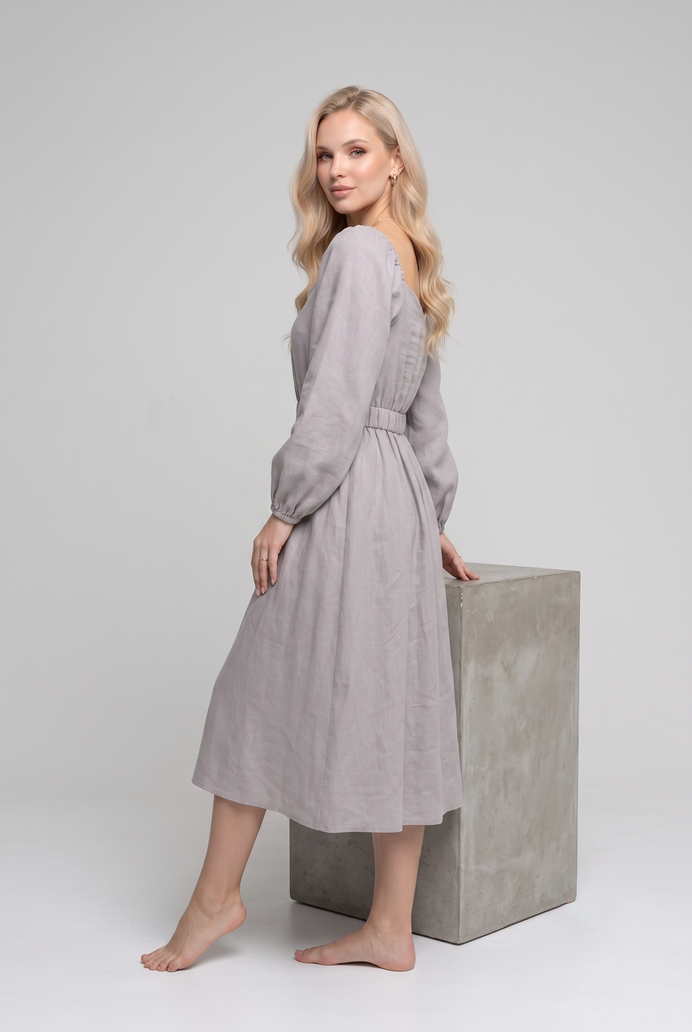Balloon Sleeve Cotton Flared Midi Dress