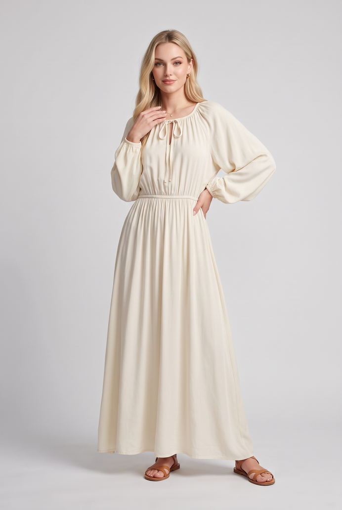 Fit & Flare Rayon Balloon Sleeve Maxi Dress
