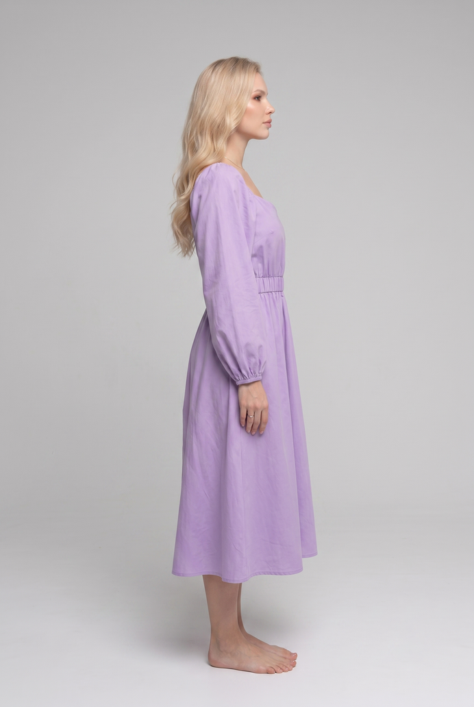 Balloon Sleeve Cotton Flared Midi Dress