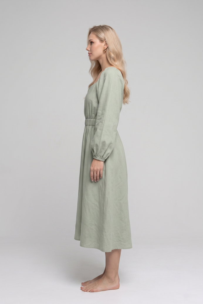 Balloon Sleeve Cotton Flared Midi Dress