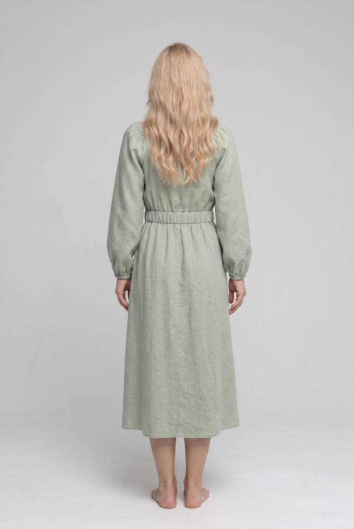 Balloon Sleeve Cotton Flared Midi Dress