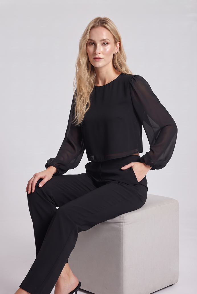 Chiffon Balloon Sleeve Crop Top
