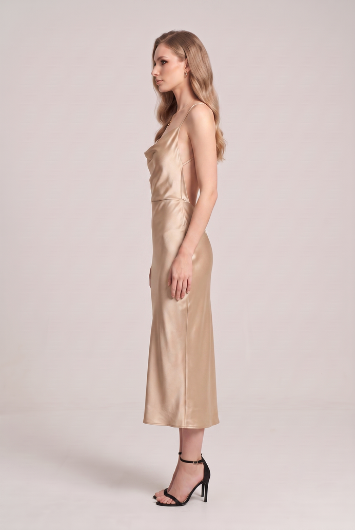 Bodycon Satin Cowl Neck Backless Midi Dress