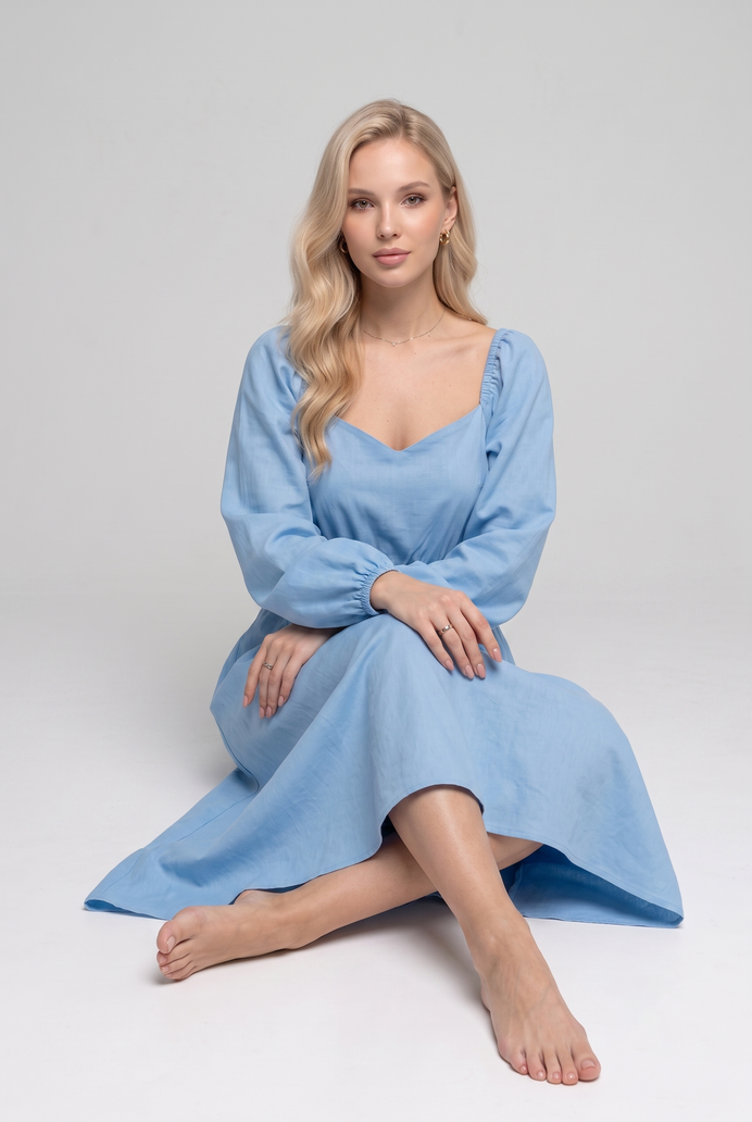 Balloon Sleeve Cotton Flared Midi Dress
