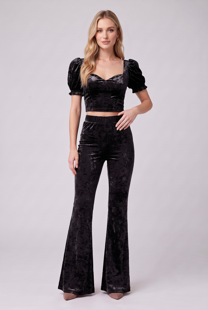 Korean Velvet Crop Top & Bell Bottom Pant Set