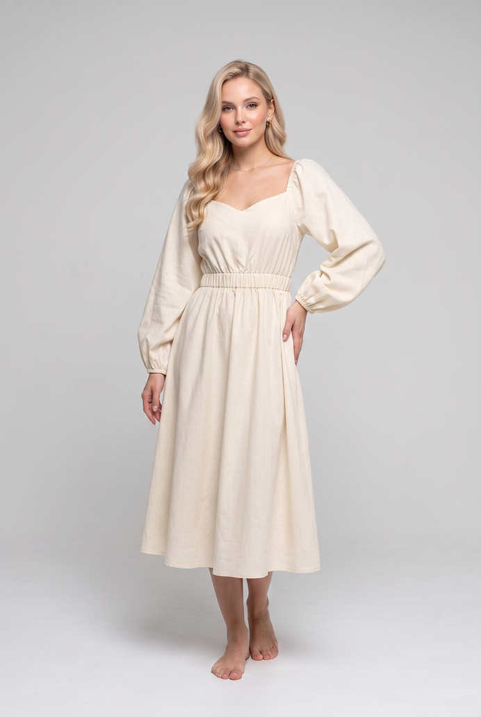 Balloon Sleeve Cotton Flared Midi Dress