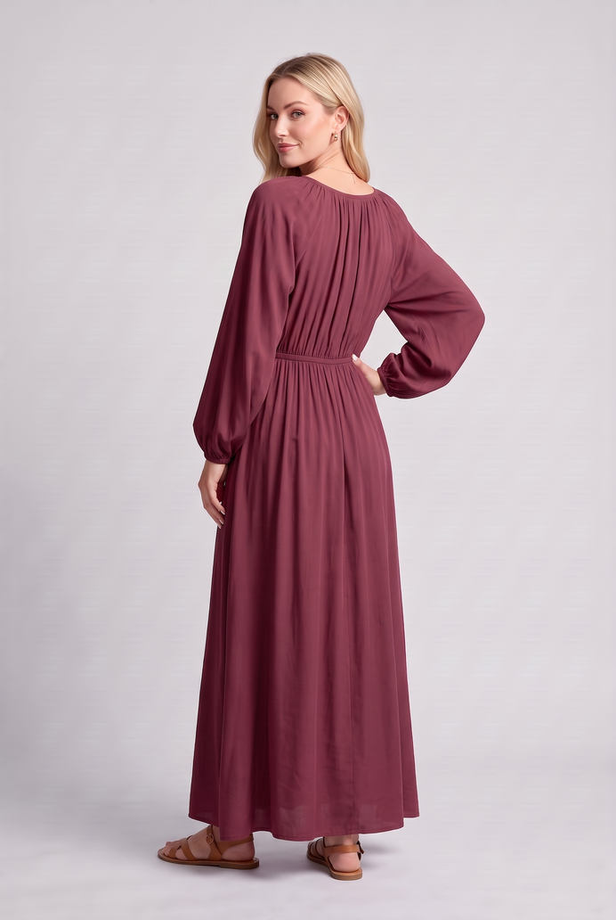 Fit & Flare Rayon Balloon Sleeve Maxi Dress