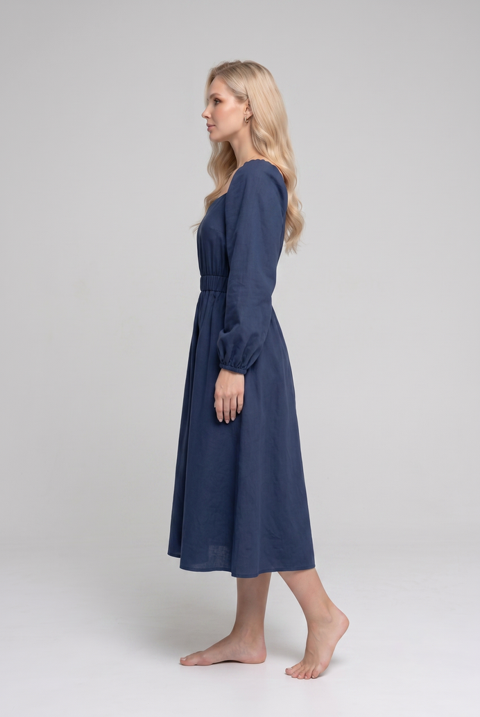 Balloon Sleeve Cotton Flared Midi Dress