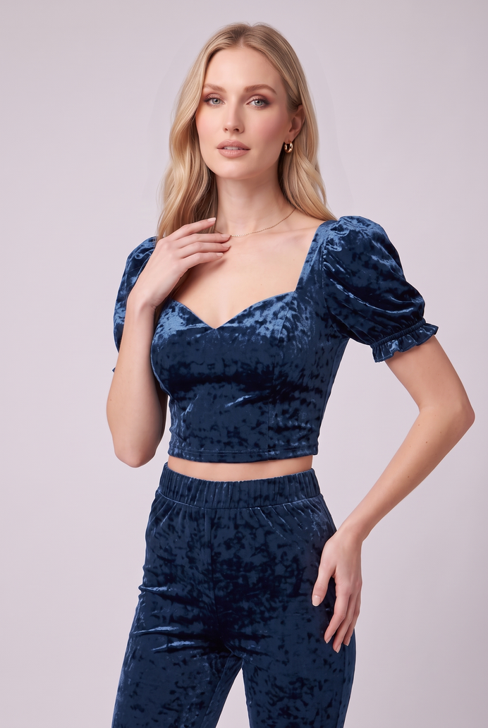 Korean Velvet Crop Top & Bell Bottom Pant Set