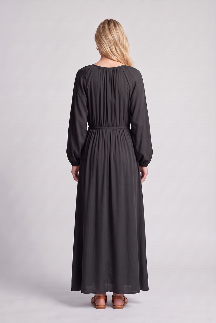 Fit & Flare Rayon Balloon Sleeve Maxi Dress