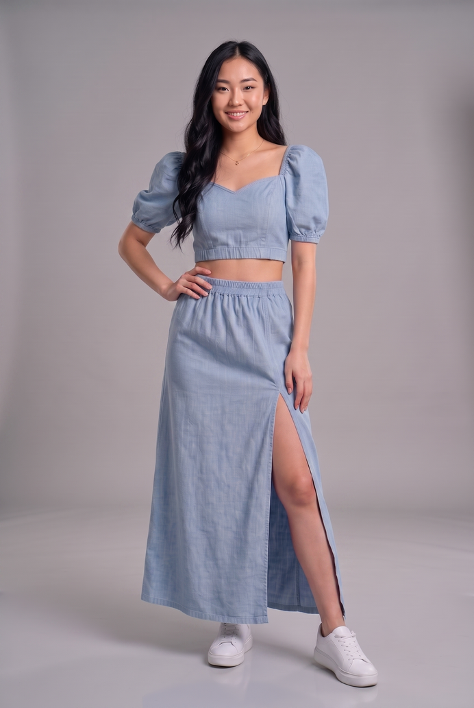 Puff Sleeve Denim Co-ord Skirt & Top Set