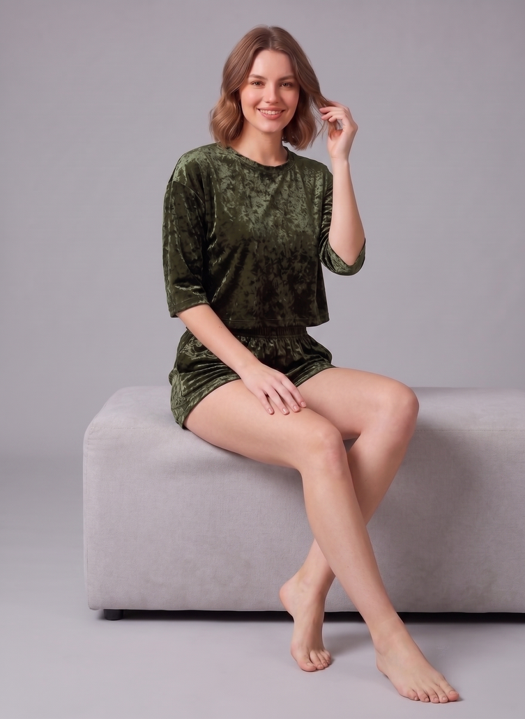 Korean Velvet Crop Top And Short Set