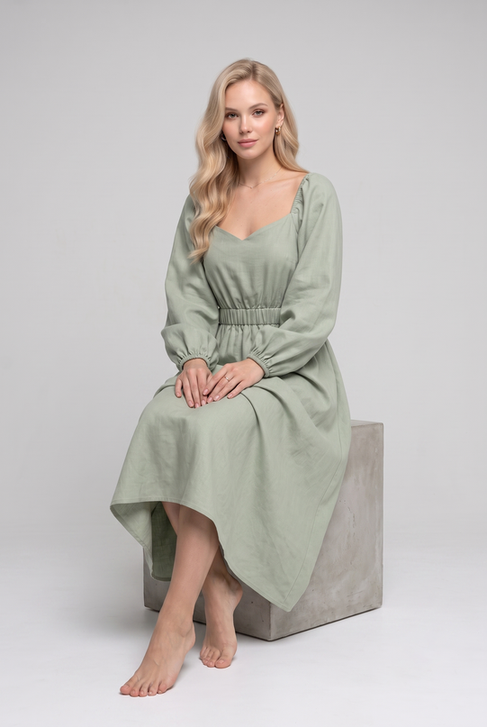 Balloon Sleeve Cotton Flared Midi Dress