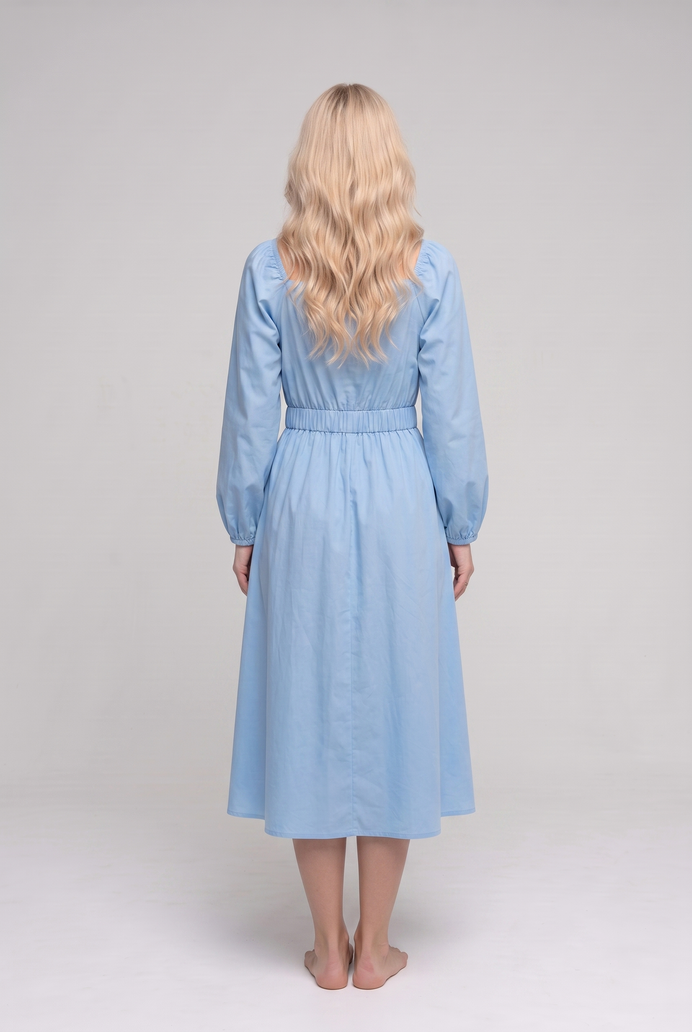Balloon Sleeve Cotton Flared Midi Dress