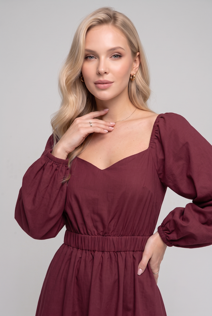 Balloon Sleeve Cotton Flared Midi Dress