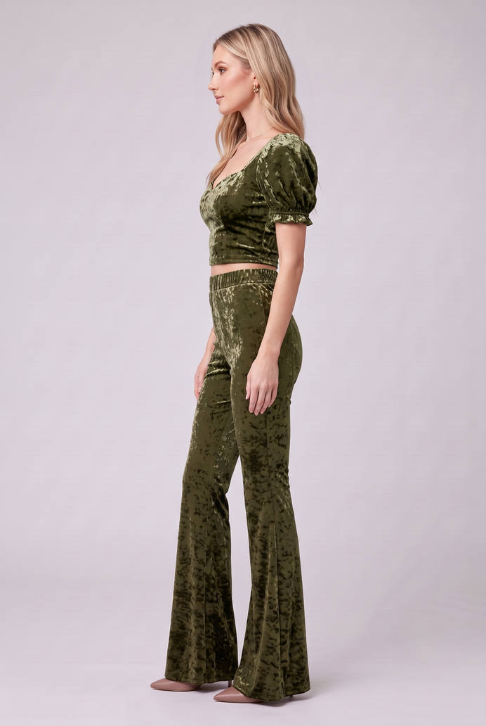 Korean Velvet Crop Top & Bell Bottom Pant Set