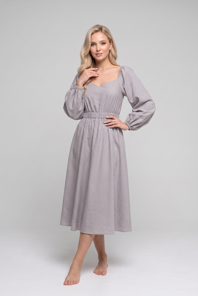 Balloon Sleeve Cotton Flared Midi Dress