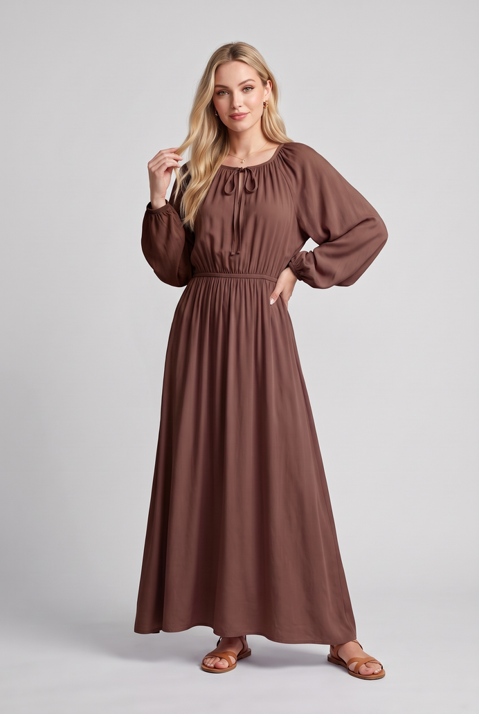 Fit & Flare Rayon Balloon Sleeve Maxi Dress