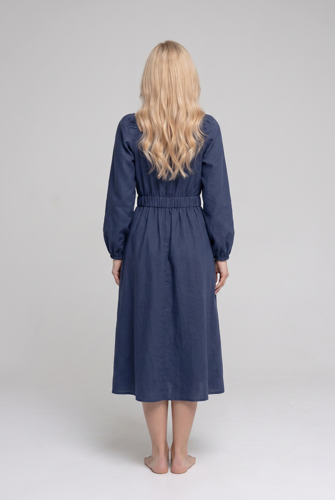 Balloon Sleeve Cotton Flared Midi Dress