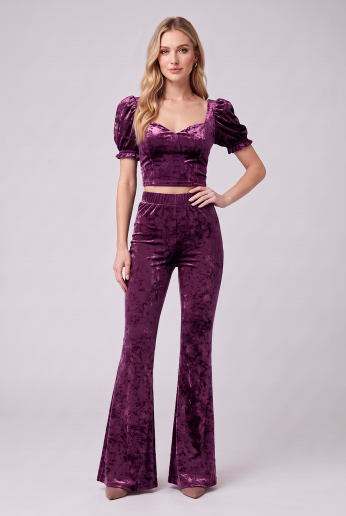 Korean Velvet Crop Top & Bell Bottom Pant Set