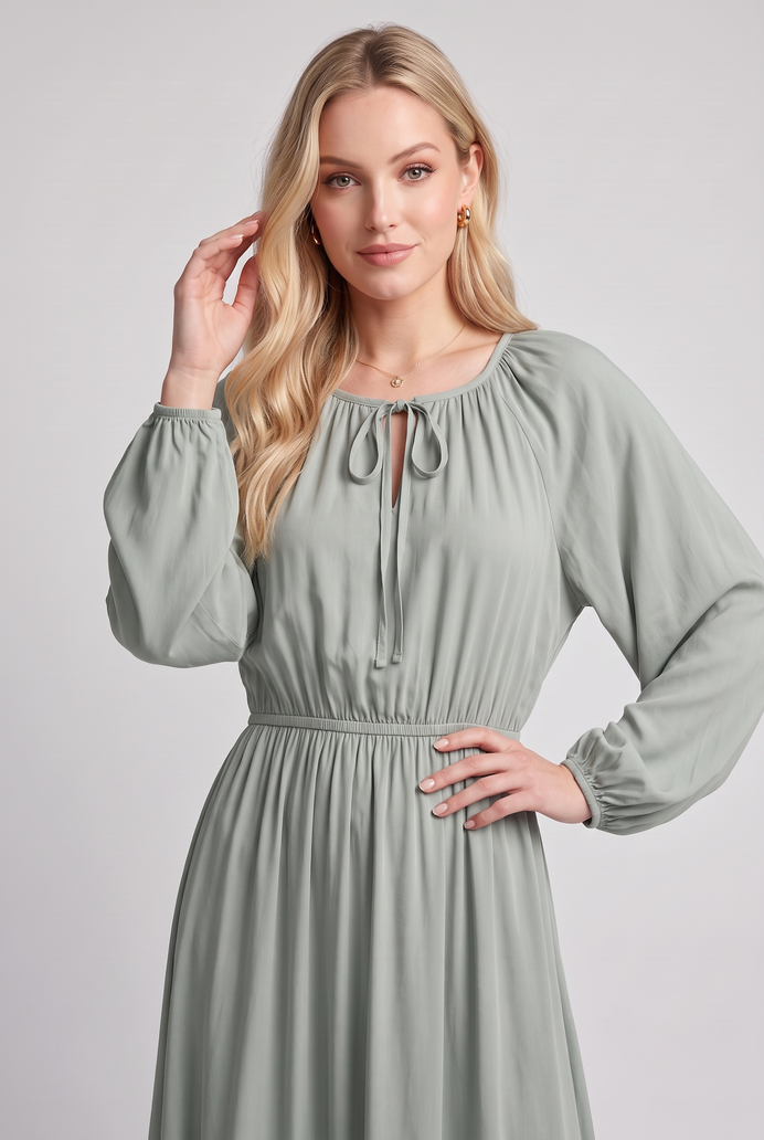 Fit & Flare Rayon Balloon Sleeve Maxi Dress