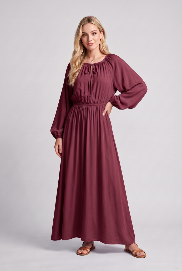 Fit & Flare Rayon Balloon Sleeve Maxi Dress